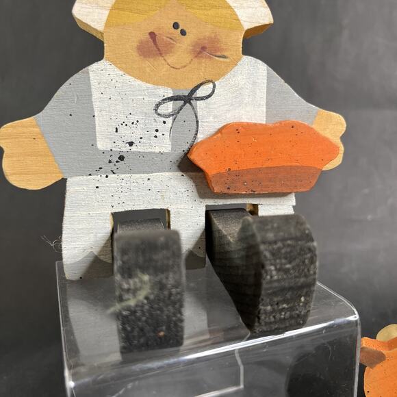 VTG Thanksgiving Shelf Sitters Pilgrm Boy Girl Turkey Set of 2 signed Hand Paint - Picture 4 of 9